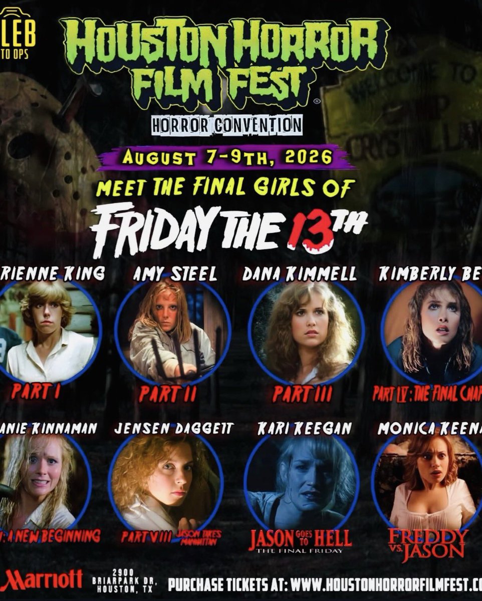 F13thFranchise's tweet photo. It is pretty rare to get all of these ladies together for one event! Make sure to check out @FilmFestHouston this August to say hello to the majority of the Final Girls of #FridayThe13th https://t.co/RxUU7upYZU