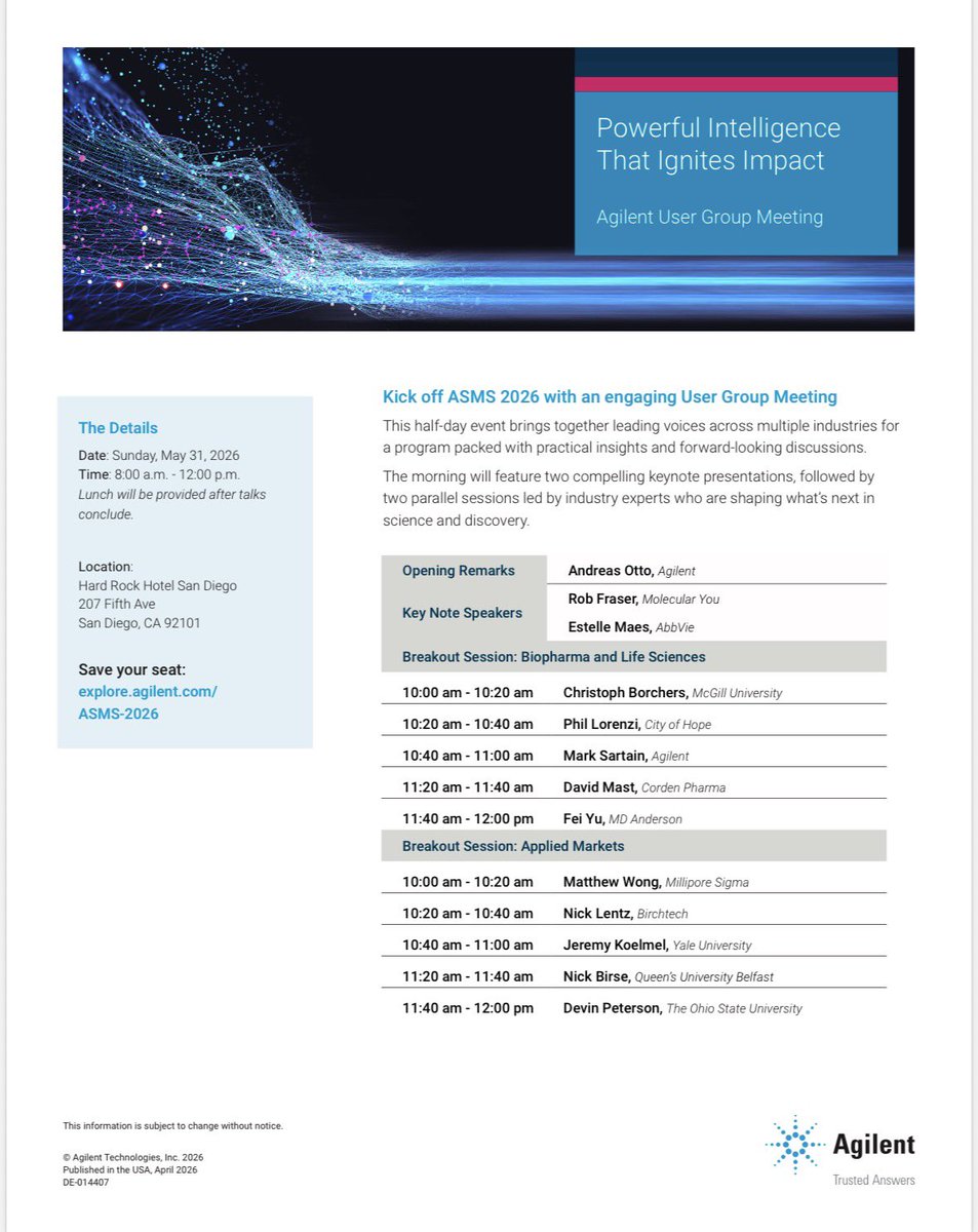 ShindeRohit's tweet photo. Kick off #ASMS2026 with an engaging #Agilent User Group Meeting, designed to Bring Great Science to Life. This half‑day event brings together industry experts and peers together to share ideas #Biopharma #Foodtesting #Envirotesting Register Now! https://t.co/ocThdx2q6i