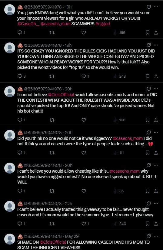 cherraya's tweet photo. it's been several days since i've won the caseoh x cici's contest and this person is still tweeting constantly about me "rigging the contest". 

there is something wrong with this person genuinely 😭 https://t.co/l1WgJYaJxU