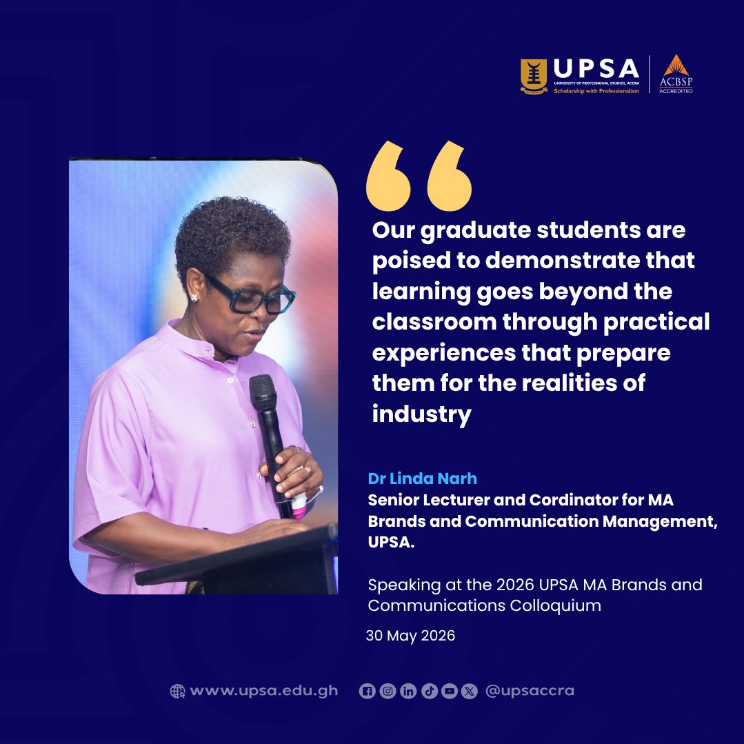 upsaccra's tweet photo. Dr Linda Narh highlights how practical learning bridges academia and industry, preparing UPSA students to lead from day one. #UPSAColloquium2026 #BrandsAndCommunication #UPSA #ScholarshipWithProfessionalism #PracticalLearning #IndustryReady #GraduateEducation #DrLindaNarh https://t.co/5mClHdRXdB