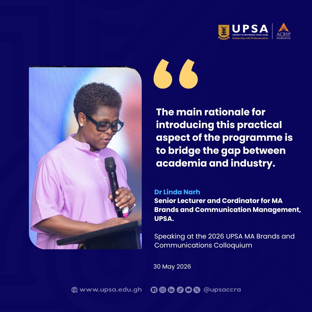 upsaccra's tweet photo. Dr Linda Narh highlights how practical learning bridges academia and industry, preparing UPSA students to lead from day one. #UPSAColloquium2026 #BrandsAndCommunication #UPSA #ScholarshipWithProfessionalism #PracticalLearning #IndustryReady #GraduateEducation #DrLindaNarh https://t.co/5mClHdRXdB