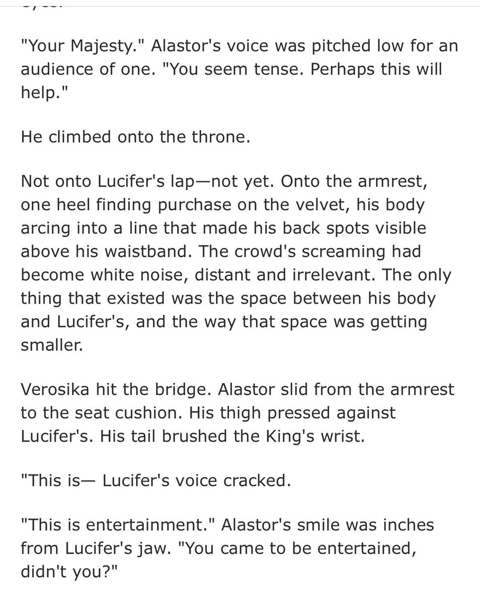 ByeBayouFou's tweet photo. Nothing to see here just Alastor giving Lucifer a lap dance👀🔥🔥🔥 A scene from my latest 🍎📻 fic “The Danger in Your Doe-Light Eyes” #appleradio #myfic for day 3 &amp; 7 of #doeAlastorweek2026 https://t.co/795FuHmGTu