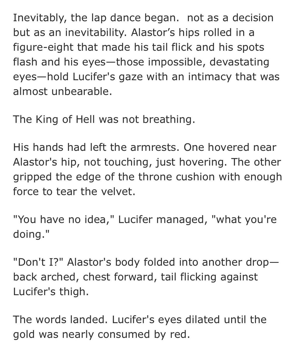 ByeBayouFou's tweet photo. Nothing to see here just Alastor giving Lucifer a lap dance👀🔥🔥🔥 A scene from my latest 🍎📻 fic “The Danger in Your Doe-Light Eyes” #appleradio #myfic for day 3 &amp; 7 of #doeAlastorweek2026 https://t.co/795FuHmGTu