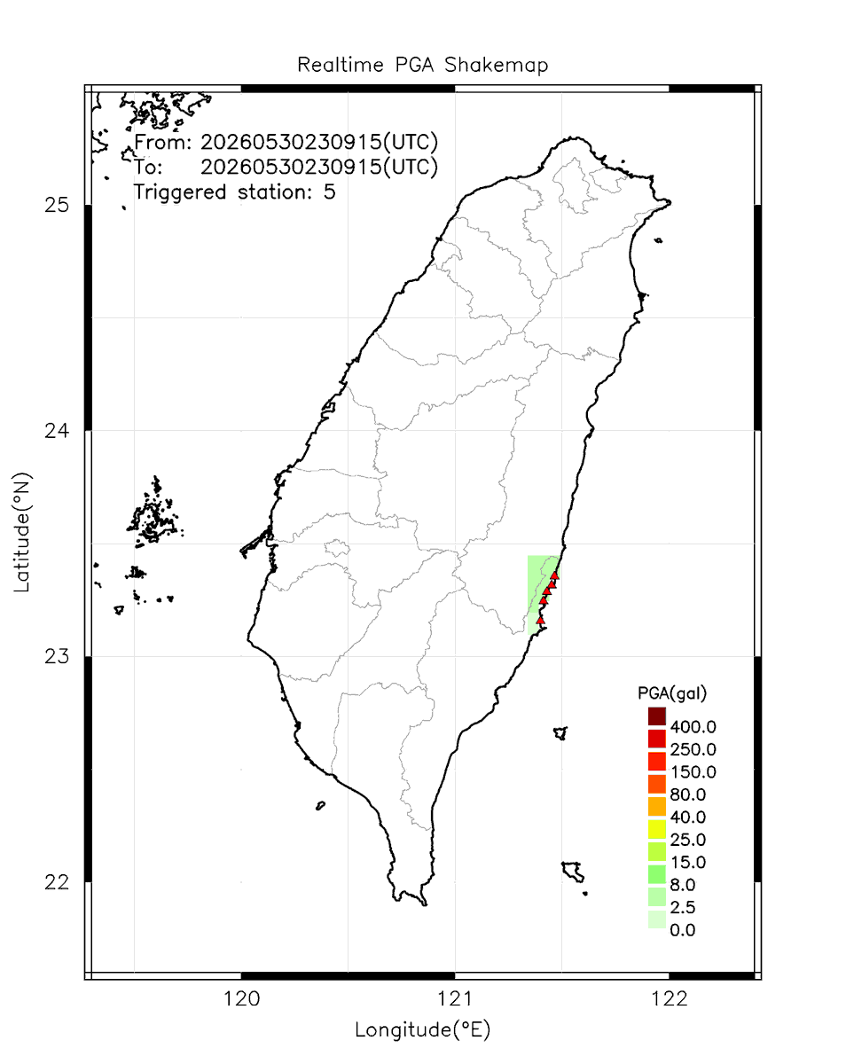 eew_p's tweet photo. Automatically Plotted Shakemaps:
* 2026-05-31 07:09:15 (UTC+08:00, Taipei)
* Evt. 20260531070915, First Report.
* Total 5 triggered stations

Note: These shakemaps are not yet confirmed, for reference only!
#地震 #台灣 #earthquake #Taiwan https://t.co/n3cWqcSW6H