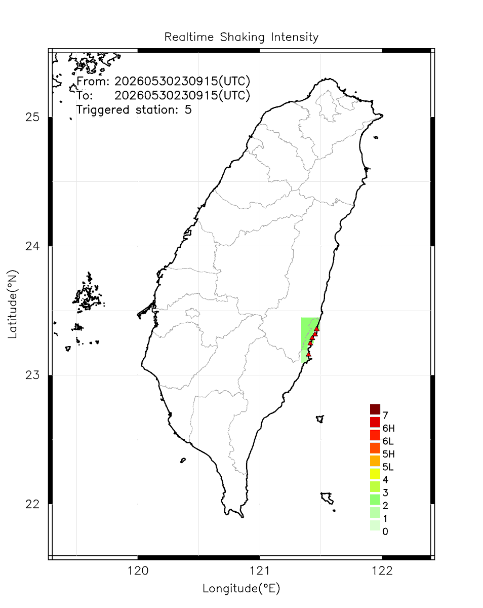 eew_p's tweet photo. Automatically Plotted Shakemaps:
* 2026-05-31 07:09:15 (UTC+08:00, Taipei)
* Evt. 20260531070915, First Report.
* Total 5 triggered stations

Note: These shakemaps are not yet confirmed, for reference only!
#地震 #台灣 #earthquake #Taiwan https://t.co/n3cWqcSW6H