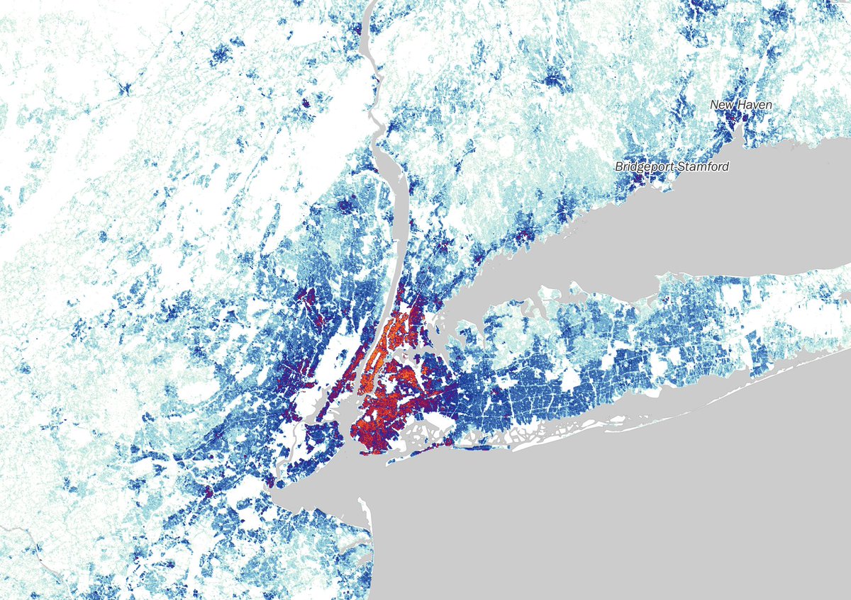 treeeckob's tweet photo. This chart is a bit misleading.

The East Coast suburbs are notoriously "low density" sprawl. Leafy rural-feeling suburbia that isn't true wilderness but does not feel clustered. Think Greenwich, CT and that sort of leafy bucolic environment. 

Compare to West Coast development patterns which show no ultra-dense core but also remains at a moderate density all the way to the edge, at which point all development ceases. See pictured NYC vs LA density maps.

So for this chart, the x-axis for New York captured the enormous population located within the 75-km radius, of which most comes from the ultra-dense core. But the y-axis average tree cover across all the "dense cells," where dense cells is defined as just >1000 people/km^2. That's a pretty low threshold. It's just enough that a place feels populated, but encompasses very low density sprawling semi-rural suburbs. NYC (and other East Coast cities like Boston and DC shown on that chart) have enough of these low-density cells that they dominate the area-weighted tree cover average. But again, the x-axis all comes from the city core which is decidedly less tree-covered.

You'd see a very different picture emerge if you weighted the tree-cover of cells by population, to show what the "typical resident" experiences.

As is, the chart just demonstrates that NYC has 1. a large population 2. many low-density suburbs.