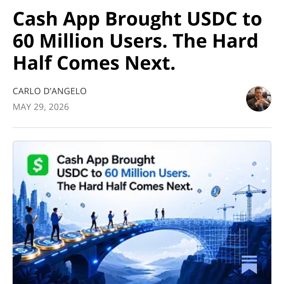 CarloDAngelo's tweet photo. Why you should subscribe to The Stablecoin Strategist on Substack.

Most analysis of stablecoin regulation tells you what the rules say.  The Stablecoin Strategist newsletter is different. This newsletter offeres regulatory intelligence for institutions navigating the GENIUS Act, CLARITY Act, and the U.S. stablecoin framework.

The Stablecoin Strategist is written for the people navigating this regime in the real world: operators, fintech and fund counsel, policymakers, institutional capital, and design-phase issuers.

Visit me on Substack and check out my most recent article discussing CashApp's integration of USDC what it means for stablecoin adoption.