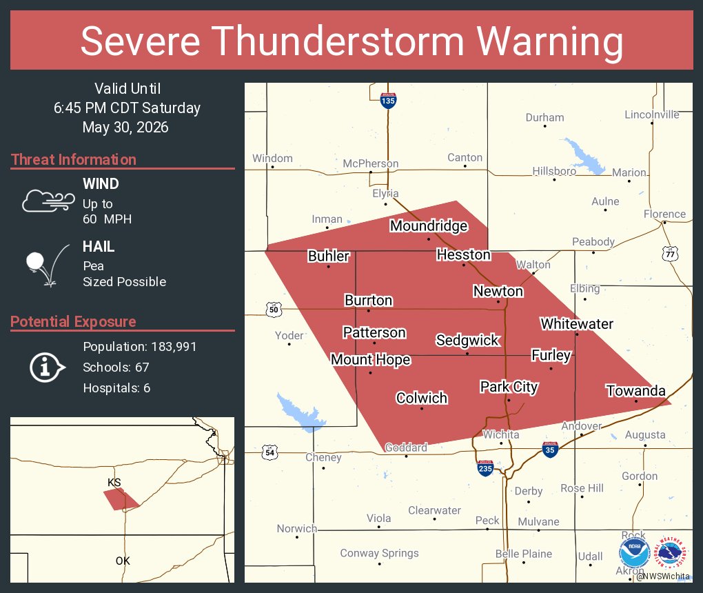 HarveyCountyKS's tweet photo. Much of Harvey County is included in a severe thunderstorm warning through 6:45 p.m. Hail and strong winds are currently the primary threats included in this storm. Please take appropriate precautions, and be safe. https://t.co/zFN0Vw6XXu