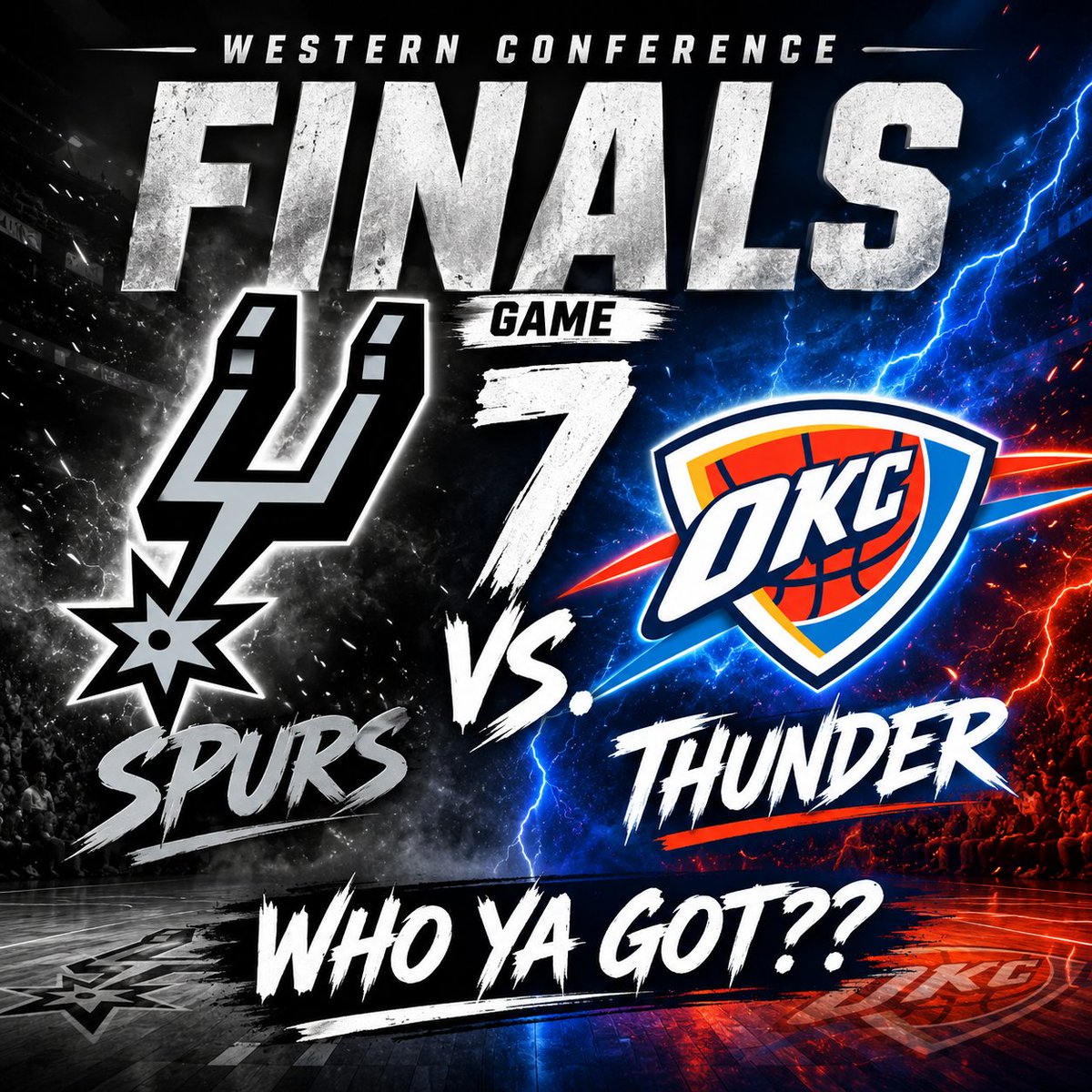 uncPod_'s tweet photo. One game. One winner. One NBA Finals berth.

🔥 Spurs vs. Thunder
🔥 Western Conference Finals Game 7

Who punches their ticket to the Finals tonight? https://t.co/pXWeTiIMQa