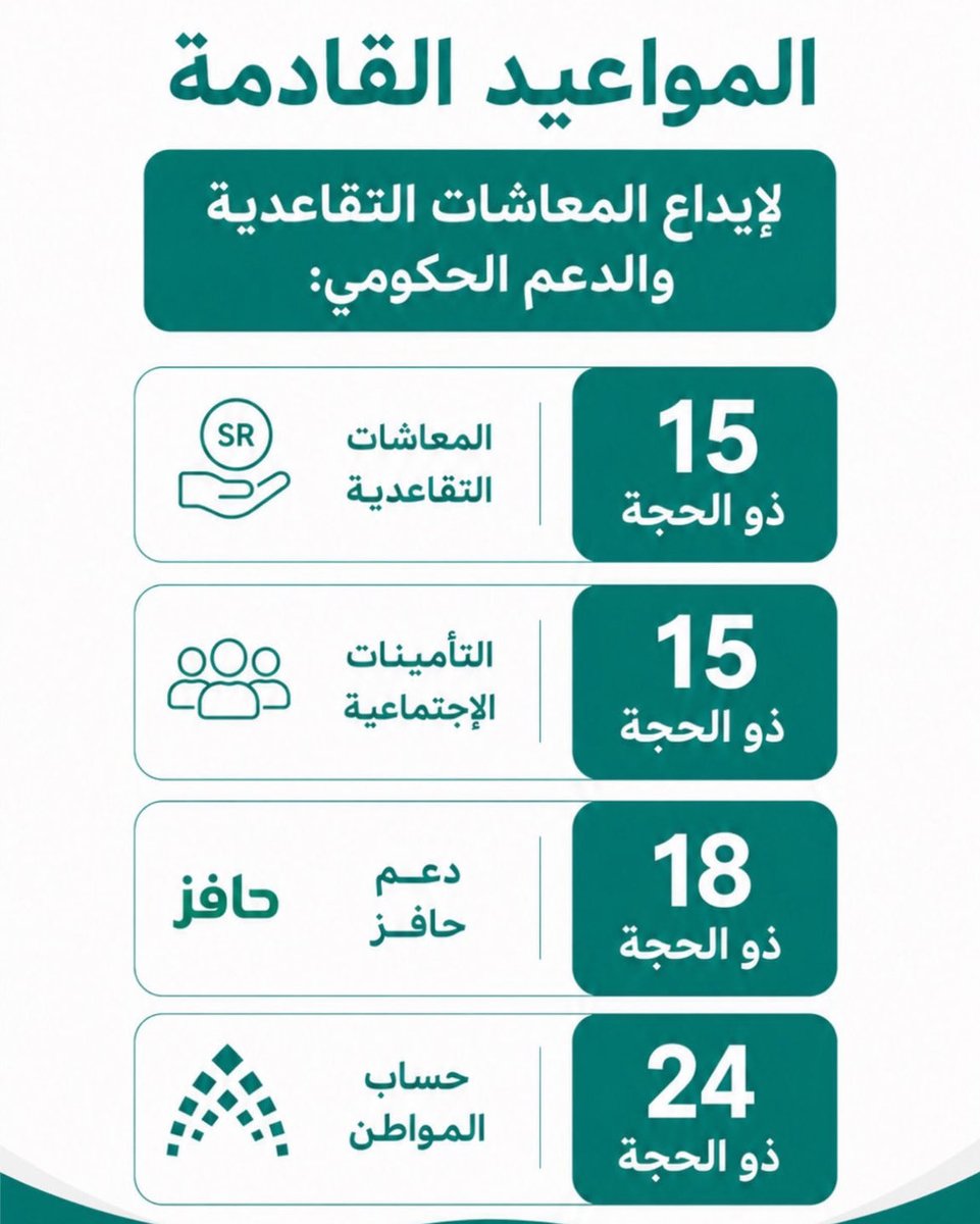 t_x70's tweet photo. المواعيد القادمة :
لإيداع المعاشات التقاعدية والدعم الحكومي
#حساب_المواطن 
#التقاعد
#حافز 
#التأمينات
#الضمان_الاجتماعى_المطور https://t.co/mlL2OyZypm