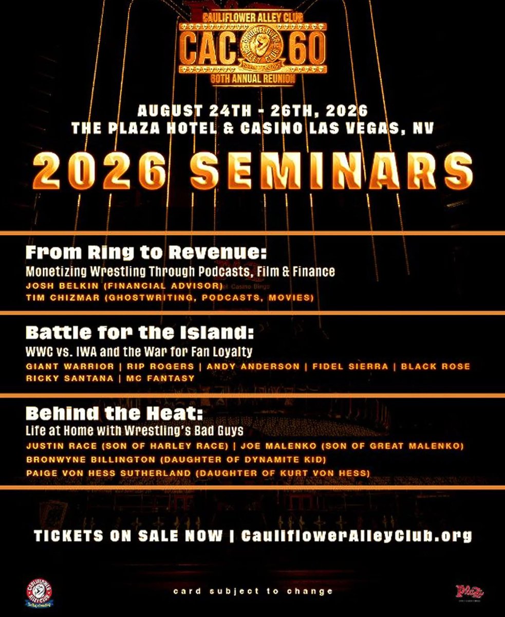 CACReunion's tweet photo. Looking for seminars at this year's Cauliflower Alley Club Reunion? We gotcha covered. More announcements coming soon.
Join us August 24-26, 2026, at the Plaza Hotel &amp; Casino in Las Vegas for CAC 60. 

Become a member today and get your reunion tickets at https://t.co/Akr4Oxeo9F. https://t.co/LN0Pfj6emg
