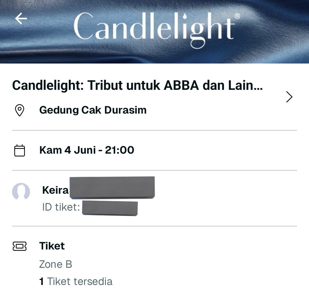 vanillekei's tweet photo. Wts tiket candlelight abba 4 juni zone B 150k only. Aku jual krn tanggal segitu harus keluar kota😓 https://t.co/37iS2QU54W
