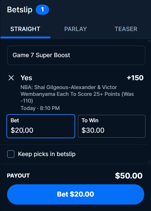 PlusBoosts's tweet photo. theScore-Bet: Super Boost - Shai &amp; Wemby 25+ Pts EACH
Boosted to: +150
EV: 💹 12.5%

Nice pre-made from the score strangely.

I'd max up to 2u https://t.co/8isKsC1qXr