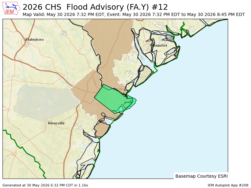 NWSCharlestonSC's tweet photo. A Flood Advisory has been issued for parts of the Savannah Metro Area east to Tybee Island through 845 PM. As much as 2 to 3.5 inches of rain has fallen since late this afternoon. An additional 1 to 2 inches could lead to urban flooding. #gawx #savwx https://t.co/sG9Go17ELx