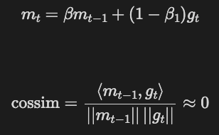 Creative_Math_'s tweet photo. Fun theoretical question: You used an optimizer with momentum for a training run

You computed the cosine similarity of momentum with gradient and saw that it's mostly ~0, yet the optimizer with momentum on (β = 0.9 let's say) outperformed the one with momentum off. 

Why? https://t.co/8bt0v1Ge2w