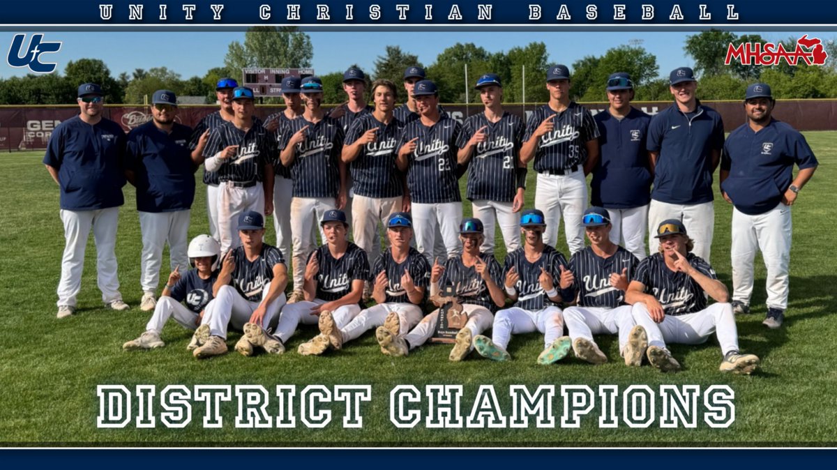 UCSaders's tweet photo. Unity Christian picks up a 11-1 win over Holland and a 5-2 extra innings win over Hamilton to win a district championship! Unity Christian will face Grand Rapids Christian at Holland Christian on Wednesday, June 3 at 5:00 PM. https://t.co/S2aXT8ve5G