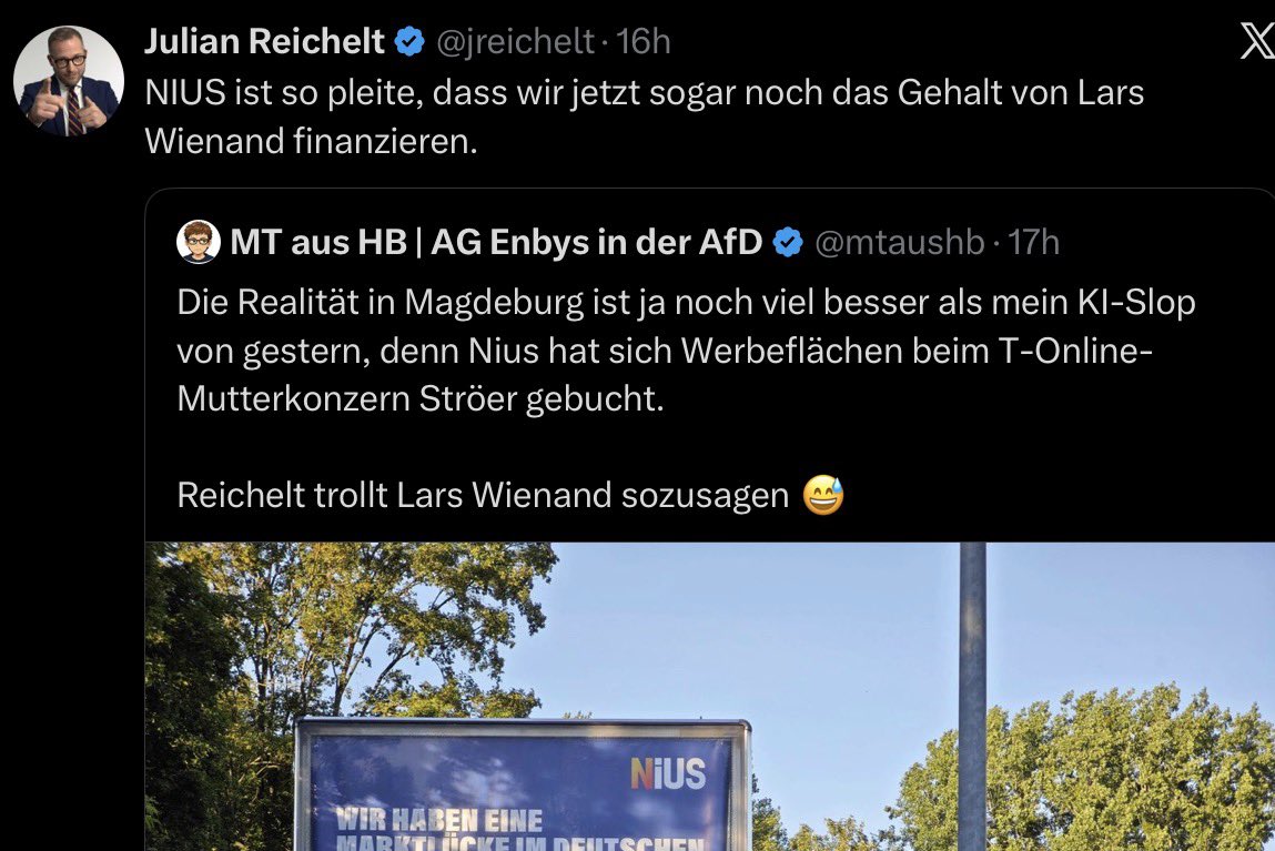 polenz_r's tweet photo. Niemand behauptet, dass Nius pleite wäre. Aber die Werbetafeln finanziert letztlich der Multimillionär Frank Gotthardt, der auch die bisherigen hohen Verluste von Nius tapfer finanziert. https://t.co/0gnVjBTLGz