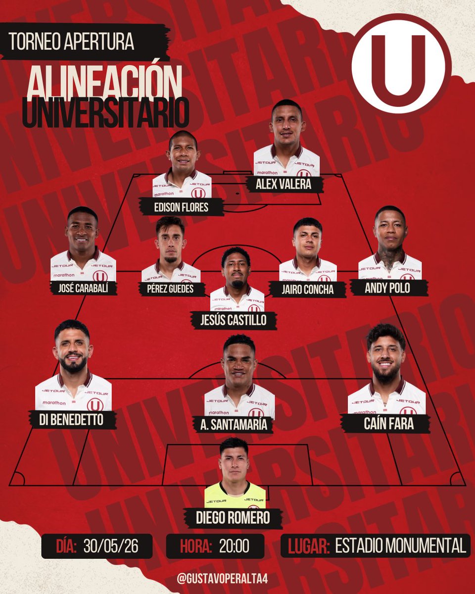 Gustavo_p4's tweet photo. EL CAPITÁN DE LA U HOY ES MARTÍN PÉREZ GUEDES

Alineación de Universitario de Deportes: Romero, Fara, Santamaría, Di Benedetto, Polo, Castillo, Concha, Pérez Guedes, Carabalí, Flores y Valera. 

Suplentes: Vargas, Inga, Corzo, Ancajima, Murrugarra, B. Reyna, Gassama, Alzugaray, Silveira.