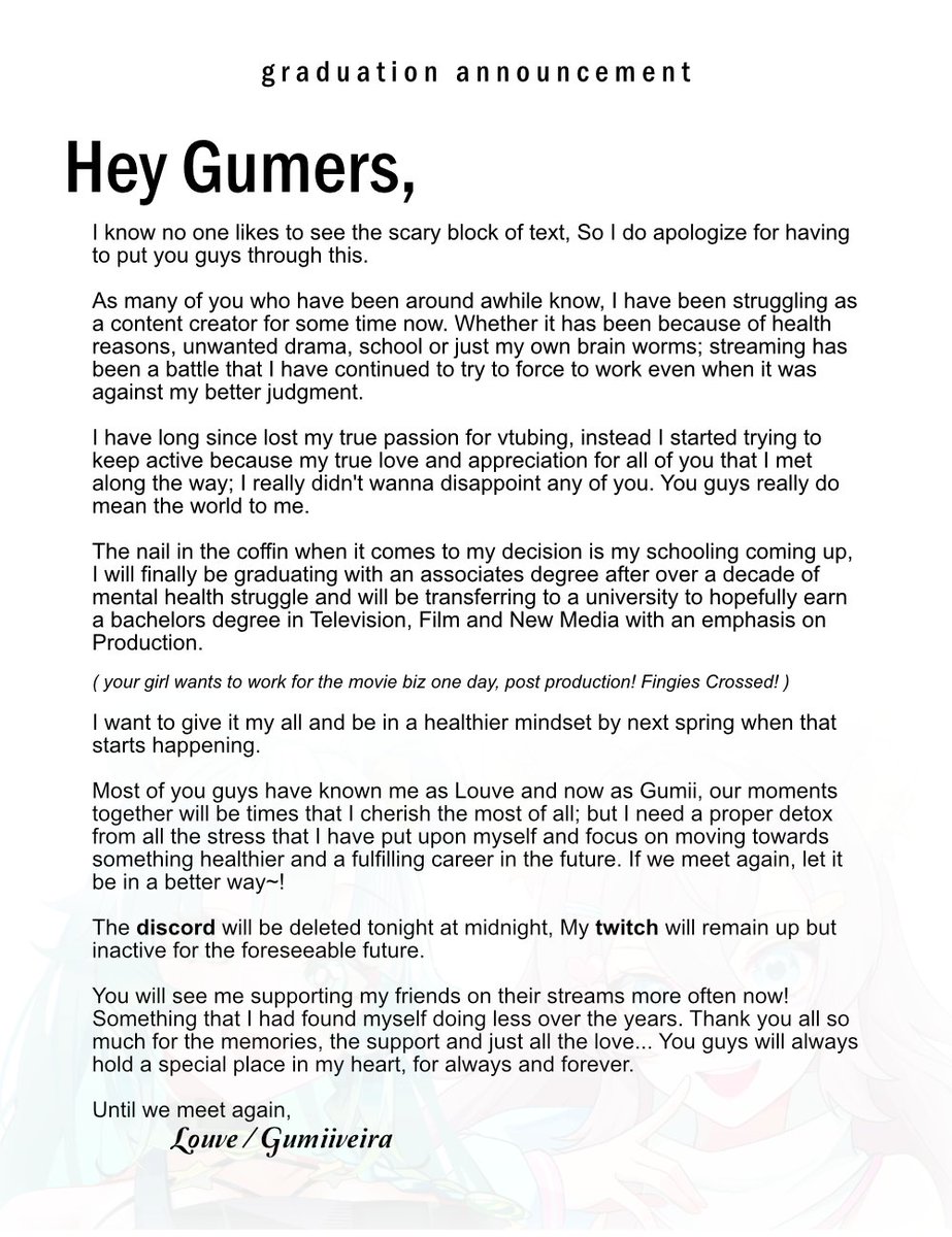 GumiiVeira's tweet photo. ⊹₊˚‧︵‿₊୨  graduation announcementᰔ ୧₊‿︵‧˚₊⊹

I will miss you guys lots, thank you for everything! https://t.co/gKC9wKPIc4