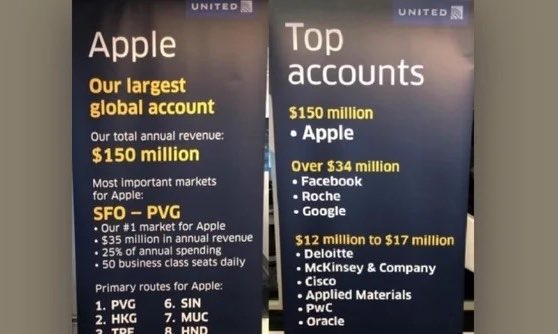 TrungTPhan's tweet photo. In 2019, Apple was doing $150m a year with United Airlines as its largest corproate customer.

United made these banners for an internal event and photo leaked and they had to apologize to Apple (and other $10m+ a year spenders including FB, Roche, Google, McKinsey, Deloitte). https://t.co/FesKyQIsOP