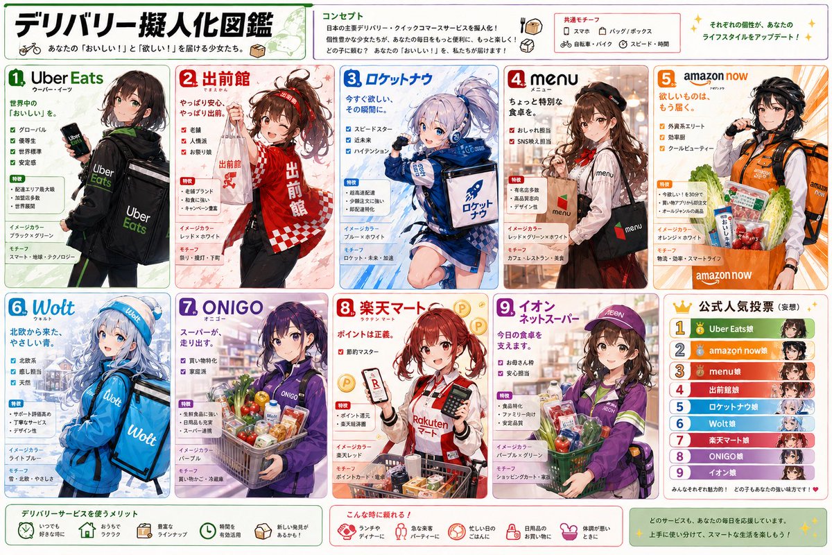 UberXAkiHera's tweet photo. 【デリバリー擬人化図鑑 byUberGuild🍇】

@osakauber02 さんの作品をモチーフに、国内デリバリー娘のリストを作ってみました。

俺はUberEats🐸と𝖺𝗆͜𝖺͉𝗓𝗈𝗇now🍊推しかなぁ。

(´-ω-)ｳﾑ🍵ིྀ✨ https://t.co/u07vlRVqRO