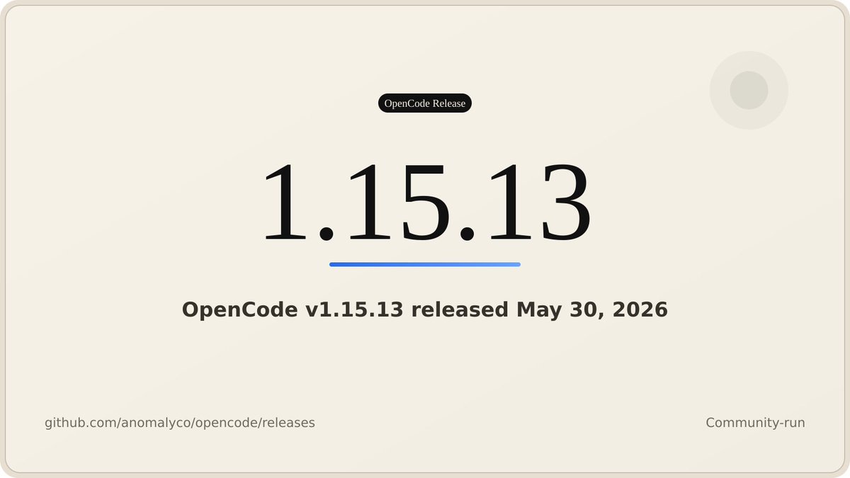opencoderelease's tweet photo. OpenCode v1.15.13 is out.

What changed:
- Session metadata can now be stored through the API and SDK.
- Config loading now walks up from the opened location, making directory-specific settings and provider policies more predictable.
- Anthropic Opus 4.7+ adaptive reasoning no longer returns empty thinking blocks.

Details in thread ↓