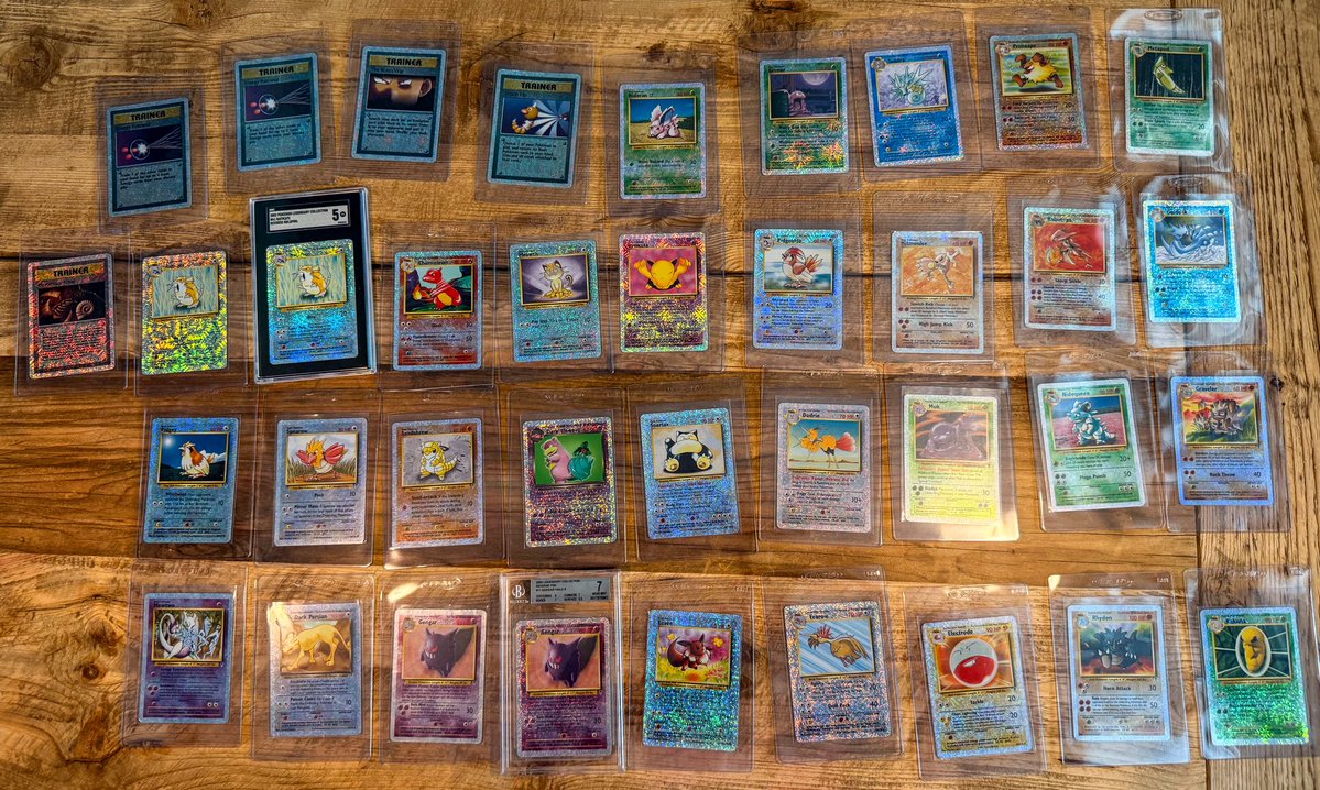 Doctor_Brooks's tweet photo. Ok got a lot of extra 2002 Legendary Collection Reverse Holos for sale. 
2 Grengars (BGS 7 & raw), Snorlax, MewToo. 
But I’m also looking for a PSA graded Gengar if you have one to trade.   
Prices below and if you want closer photos photos front and back of the raw cards let me know.
I don’t know a lot of pokemon sellers/buyers on here so feel free to tag away & I’ll toss you a referral tip. 
(All negotiable and Free Shipping) 

Gengar bgs 7 $2k
Gengar raw $650
Snorlax raw $600
Mewtoo raw $550
Eevee raw $350
Meowth raw  $200
Drowzee raw $100
Dark Persian raw $125
Charmeleon raw $200
Dark slowbro raw $200
Pidgeotto raw $75
Dodrio raw $75
Fearow raw $75
Hitmonlee raw $100
Muk raw $80
Electrode raw $70
Kabutops raw $175
Nidoqueen raw $90
Rhydon raw $75
Golduck raw $100
Graveler raw $75
Kakuna raw $75
Metapod raw $100
Primape raw $100
Seadra raw $75
Grimer raw $125
Nidoran #83 raw $100
Pidgey raw $100
Sandshrew raw $100
Spearow raw $75
Raticate raw $75
Raticate SGC 5 $100
Scoop up trainer raw $50
The boss’s way raw $50
Energy retrieval raw $50 (2 of these)
Mysterious Fossil raw $50
 @PokeCorsair329 @ezekielskates_ @bigwerms @Royals_Cards