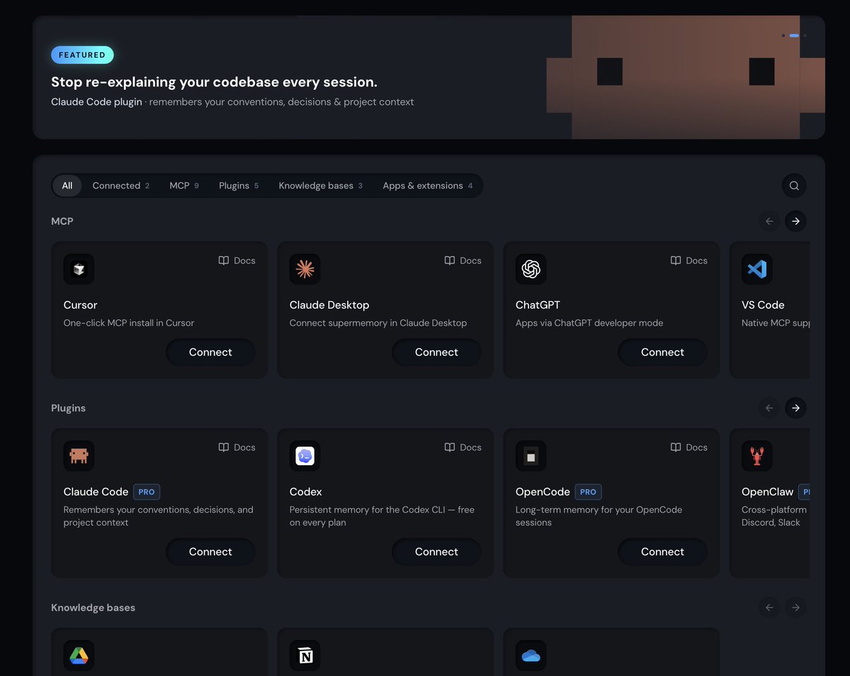 DhravyaShah's tweet photo. Yes, @supermemory has native integrations with all three of them and more, used by thousands of people :) https://t.co/LSs5MUPq6V