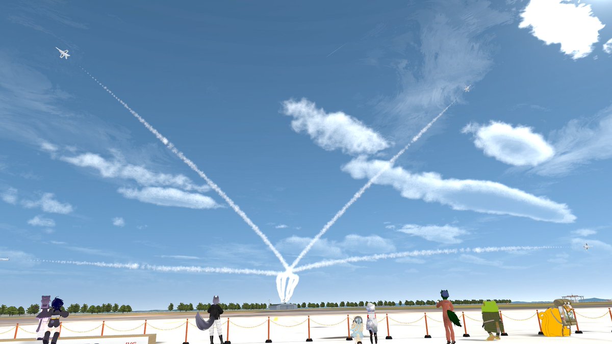 vrmiun's tweet photo. 新しい機体になってから、初めての展示飛行イベント！！

「スポラティックエラー」というどうしても発生してしまうエラーに対して、無くそうじゃなくて対応出来るようにするって話しててプロ見を感じた・・・

#VRC_BLUE_STARS #VRCAviation #VRChat https://t.co/oYIhysHPgE
