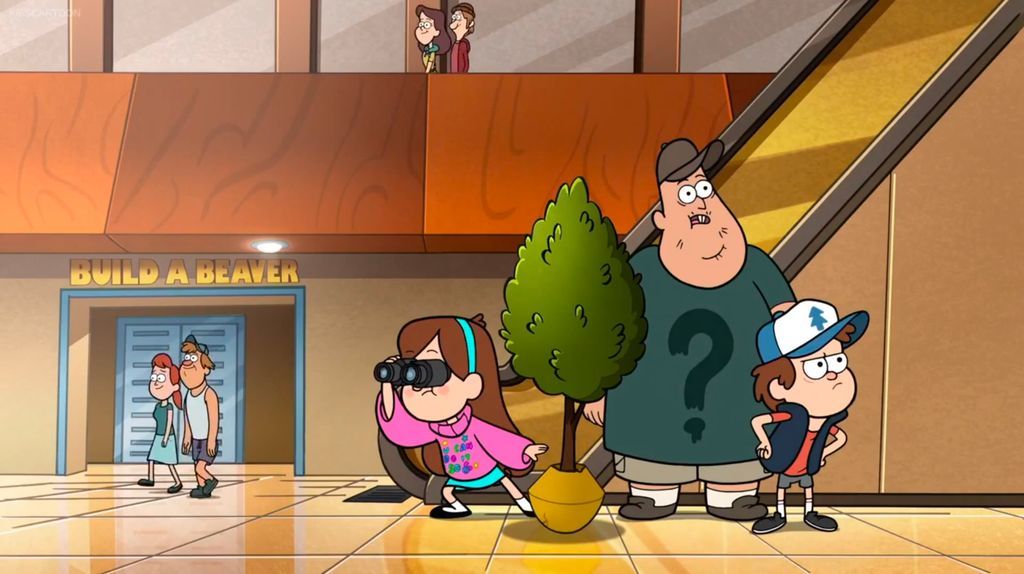 _shotzero's tweet photo. Gravity Falls takes a mall outing as opportunity for a “Build a Beaver” sight gag.

However, “Build a Bear” already involves an animal name; the possible implication being in this universe, bears are more like people, and beavers are more like what bears consider animals . . . https://t.co/d6yRn4ptns
