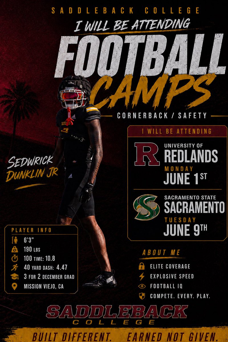 Sdunklinjr's tweet photo. I will be attending Redlands Camp June 1st and SAC State June 9th 
Ready to Compete🏈
@CoachLukeSC @CoachJayNelson @coachfischer7 @Saddleback_FB https://t.co/PectsfTTX4