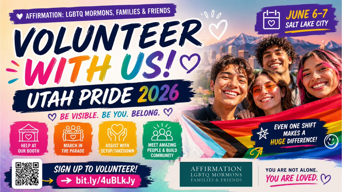 affirmationLDS's tweet photo. 🌟 Help Staff the Affirmation Booth at Utah Pride! 🌟 Volunteer to greet visitors, share resources, and create a welcoming space. Join for one or multiple shifts! Sign up: https://t.co/Hz8xMX4uwf #UtahPride #Volunteer #LGBTQUtah https://t.co/nbfLeQ37c1