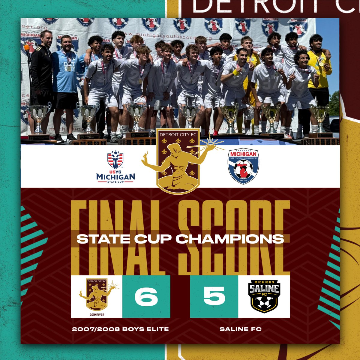 DCFCDownriver's tweet photo. 🏆 𝗦𝗧𝗔𝗧𝗘 𝗖𝗨𝗣 𝗖𝗛𝗔𝗠𝗣𝗜𝗢𝗡𝗦! 🏆

History made. Champions crowned. 👑

Congratulations to our 2007/2008 Boys Rouge Elite on being crowned State Cup Champions after an unforgettable final against Saline FC!

After 90 minutes of regulation, 30 minutes of overtime, and a match that came down to penalty kicks, 𝗗𝗘𝗧𝗥𝗢𝗜𝗧 𝗖𝗜𝗧𝗬 𝗙𝗖 𝗗𝗢𝗪𝗡𝗥𝗜𝗩𝗘𝗥 found a way to rise, battle, and finish what they started. In the biggest moments, this group showed composure, belief, and championship heart.

Their road to the title was nothing short of incredible:
2-0 victory over Michigan Burn FC
6-1 victory over Royal Oak FC
6-0 victory over Michigan Jaguars FC
5-2 victory over Midwest United FC
3-0 victory over Midwest United FC
6-5 victory over Saline FC

Led by Coach Jon Evans and Assistant Coaches Conlan Campbell and Essa Shajira, this team earned every step of the journey and finished it as 𝗦𝗧𝗔𝗧𝗘 𝗖𝗨𝗣 𝗖𝗛𝗔𝗠𝗣𝗜𝗢𝗡𝗦!

A massive achievement for the players, coaches, families, and club.

Champions. History makers. Detroit City FC Downriver. ⚜️

#dcfcdownriver #statecup #StateCupChampions