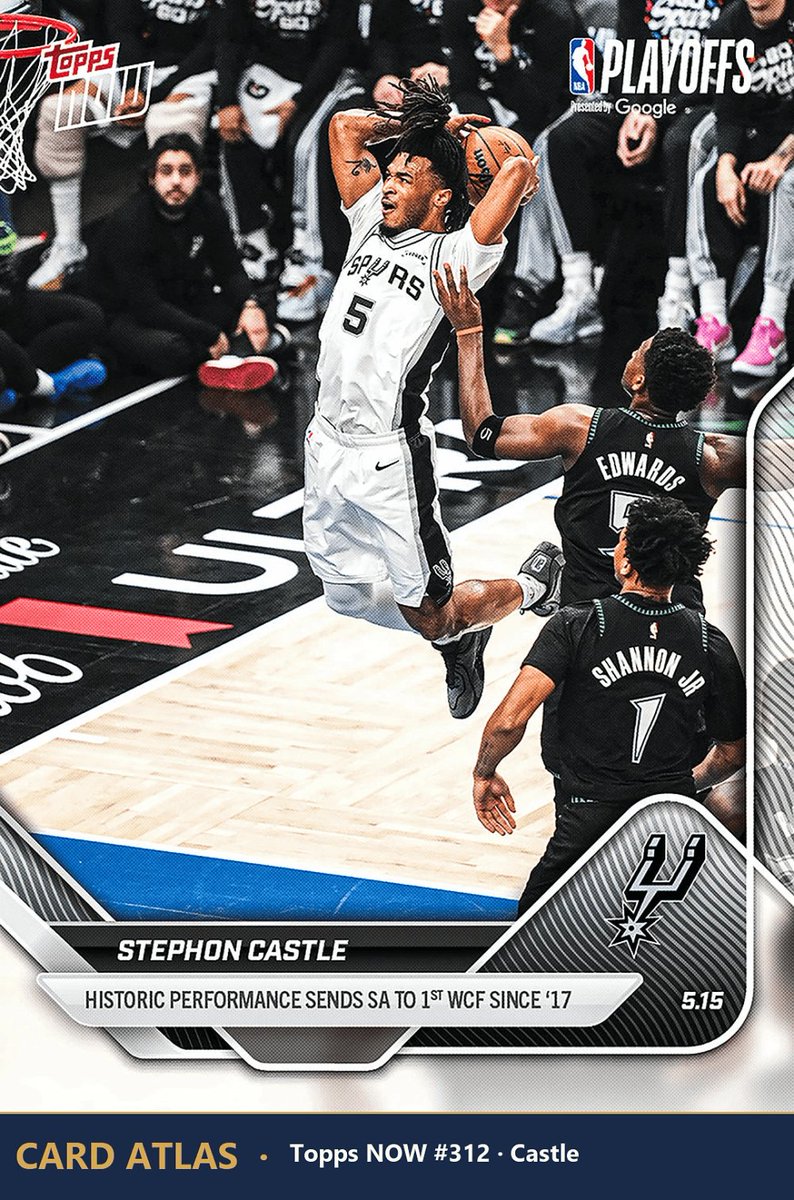 cardatlasapp's tweet photo. Win-or-go-home in OKC tonight: Spurs at Thunder, Game 7, Knicks waiting in the Finals. SA's first WCF since '17 already minted a Topps NOW (Castle). Tonight's hero gets the next one. #nbacards https://t.co/5tuBmyPtXH