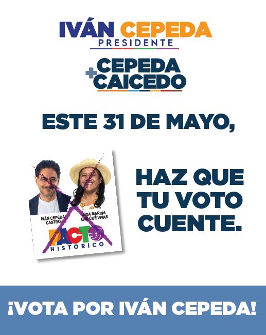 carlosecaicedo's tweet photo. Para que tu voto cuente este 31 de mayo, debes marcar la primera casilla, @IvanCepedaCast Presidente y Aída Quilcué Vicepresidenta.

Recuerda que tomamos la decisión de unir fuerzas para ganar en primera vuelta y seguir defendiendo las transformaciones que necesita Colombia.

No marques la casilla de Caicedo Presidente. Esos votos no contarán. Marca Iván Cepeda Presidente. ¡Vamos a ganar en primera vuelta!