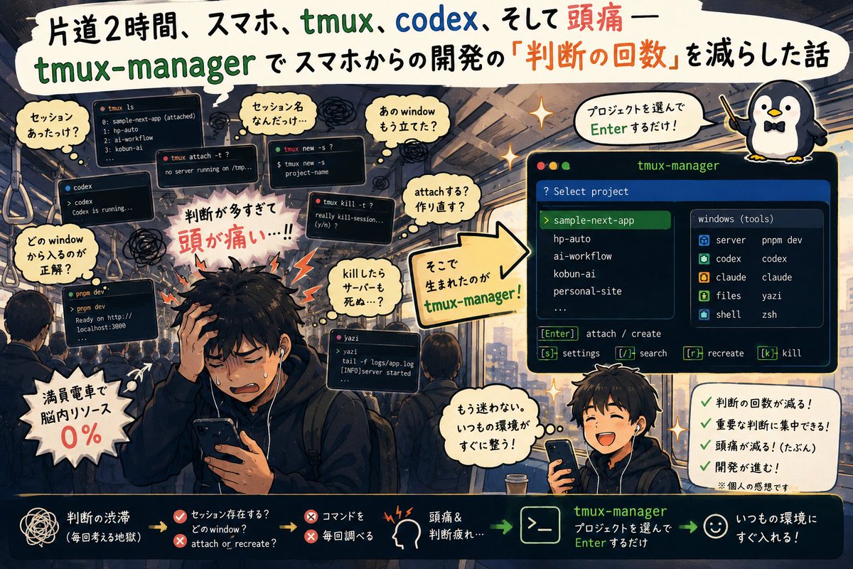 Solomaker_dev's tweet photo. スマホSSH開発のtmux迷子を防ぐツール

Go製のターミナルUI『tmux-manager』

開発者の方から教えてもらったOSS

【特徴】

1. サーバーやAIなどの構成をYAMLで事前定義

2. プロジェクトを選んでEnterを押すだけの操作

3. 起動や再構築のコマンド入力をひとまとめ

毎回の面倒なコマンド入力が不要

判断回数を減らすという素敵な設計思想📱

【こんな人にぴったり】

1. スマホからSSHで開発する人

2. 複数のAIエージェントを並行して使う人

かゆいところに手が届く良い個人開発ツール💡

https://t.co/Fn5oTzA52k