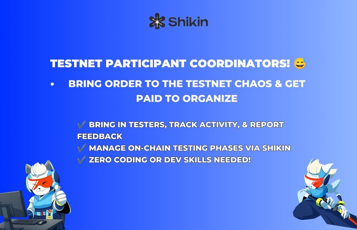 ShikinApp's tweet photo. Everybody loves farming a new testnet, but keeping track of who is actually participating is usually a complete mess for the team. 😅 

That is exactly why the Testnet Participant Coordinator is one of the most active roles right now!

Projects desperately need organized people to bring in testers, track their activity, and report feedback without the chaos.

With Shikin, you can grab easy gigs to learn how to manage these testing phases on-chain. Zero coding or developer skills needed.

Do you practically live on testnets anyway? Reply 'YES' below if you want to get paid to organize them! 👇 #Web3Testnet #ShikinApp #EntryLevelJobs