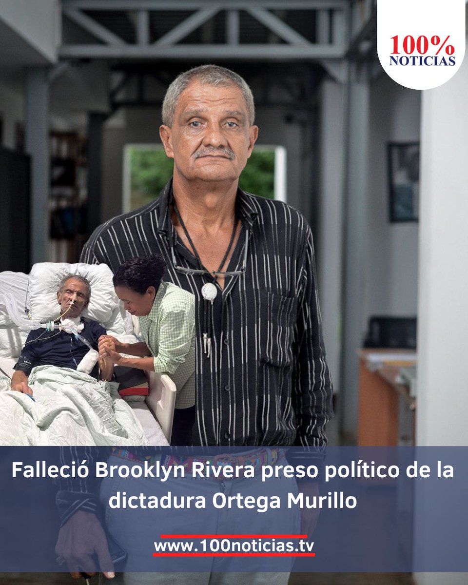100noticiastv's tweet photo. #LOULTIMO Muere Brooklyn Rivera preso político del régimen tras casi tres años de desaparición forzada y aislamiento. Asi lo confirmaron a 100% Noticias fuentes vinculadas a la familia. 
El líder indígena miskito y fundador de YATAMA, Brooklyn Rivera Bryan, falleció este sábado tras permanecer casi tres años bajo custodia del régimen de Daniel Ortega y Rosario Murillo, en un caso denunciado internacionalmente como desaparición forzada. Su muerte ocurre apenas días después de que las autoridades divulgaran por primera vez imágenes y reportes médicos que lo mostraban en estado crítico, conectado a ventilación mecánica y con falla multiorgánica.
La muerte de Brooklyn Rivera cierra uno de los capítulos más cuestionados de la represión política en Nicaragua. El dirigente indígena fue detenido el 29 de septiembre de 2023 y desde entonces permaneció incomunicado, sin acceso regular a su familia, abogados ni información pública sobre su estado de salud o condiciones de detención.
Durante más de 970 días, organizaciones de derechos humanos, líderes indígenas, familiares y gobiernos extranjeros denunciaron que Rivera permanecía en condición de desaparición forzada, mientras las autoridades nicaragüenses guardaban silencio sobre su paradero.
No fue sino hasta esta semana cuando el régimen difundió fotografías y partes médicos que mostraban al histórico dirigente miskito hospitalizado en estado crítico. Los informes oficiales describían una condición compleja caracterizada por neumonía severa, infecciones bacterianas y fúngicas, ventilación mecánica invasiva, cirrosis hepática, falla multiorgánica y edema cerebral.
La divulgación de las imágenes provocó una ola de indignación nacional e internacional debido al evidente deterioro físico de Rivera.