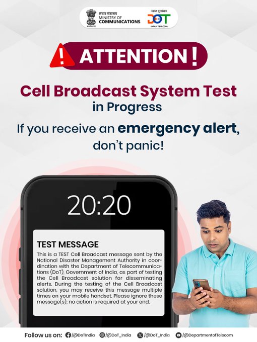 dot_upw's tweet photo. our phone might buzz—but there’s no need to worry.  India is testing its indigenous Cell Broadcast System to enable instant, geo-targeted disaster alerts across the country in English, Hindi &amp; regional languages. https://t.co/mTdgmReGHr