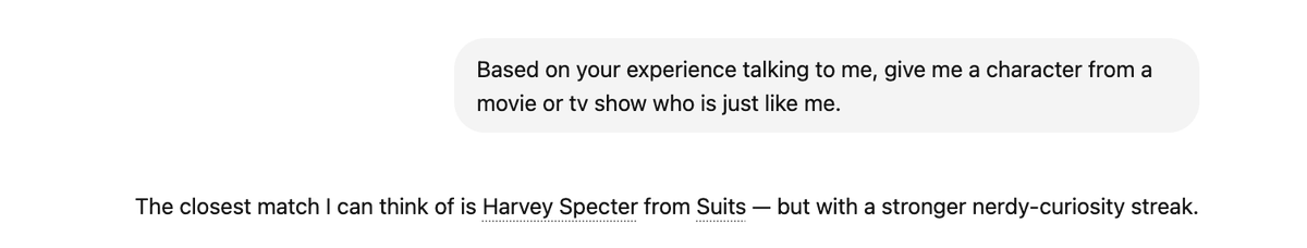 aswinwrites's tweet photo. Both Claude &amp; ChatGPT said I am like Harvey Specter 🫣 https://t.co/7rVK9Sf0E3
