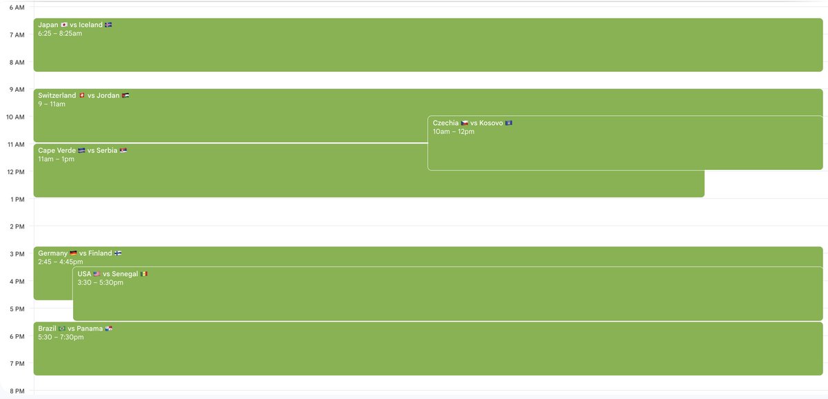 bertiball's tweet photo. The World Cup starts in 11 days... but World Cup mode starts today! 

10 of the 48 World Cup participants are in action today, and the 7 games are nicely spread out so you can watch a bunch of them!

Here's a handy schedule. https://t.co/4EQmEYp95d