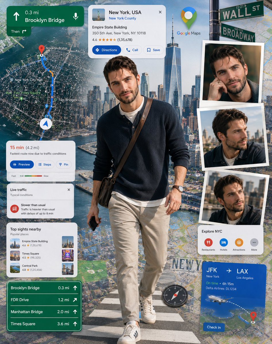 RizwanAly07's tweet photo. Gpt images 2

Prompt ⬇️ 
An ultra-detailed digital collage poster featuring a person based on the upload reference photo as the main focal point, realistically stepping out from an expansive Google Maps-inspired navigation environment. The background contains detailed city maps, route paths, location pins, navigation arrows, destination cards, traffic indicators, satellite views, and travel information panels layered across the composition. Additional portrait snapshots display matching views of the subject without altering the facial structure of the upload reference photo. The subject wears a modern light blue denim jacket over a cream t-shirt, relaxed cargo pants, and fashionable lifestyle sneakers with a compact crossbody travel bag. Bright daylight illumination, realistic map textures, dimensional interface layers, travel-inspired storytelling, highly detailed digital elements, premium collage composition, immersive navigation theme, realistic perspective, commercial-quality poster artwork, 8K resolution.
Japan please and change the clothes