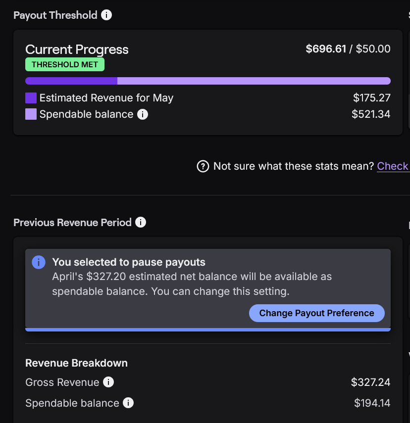FeyreMiari's tweet photo. Please forgive me for being out of the loop here...

BUT WTF IS SPENDABLE BALANCE??? I was wondering why I haven't received a twitch payout in 2 months... they automatically put my payments on hold??? WTF??? I had to go in and manually opt out so I can receive my income.... missed out on nearly $600... 

"you selected" my ass! Twitch wtf are you guys doing over there.. why is this spendable balance even a thing?? Creators are streaming to help pay for things.. not to put it back into your platform fuck heads...

If you haven't already please go check your dashboards and opt out so you can get paid!! I've been so busy with uni and work I never looked into this, nor did I see the updates for this so in case you didn't either.. go check it!!