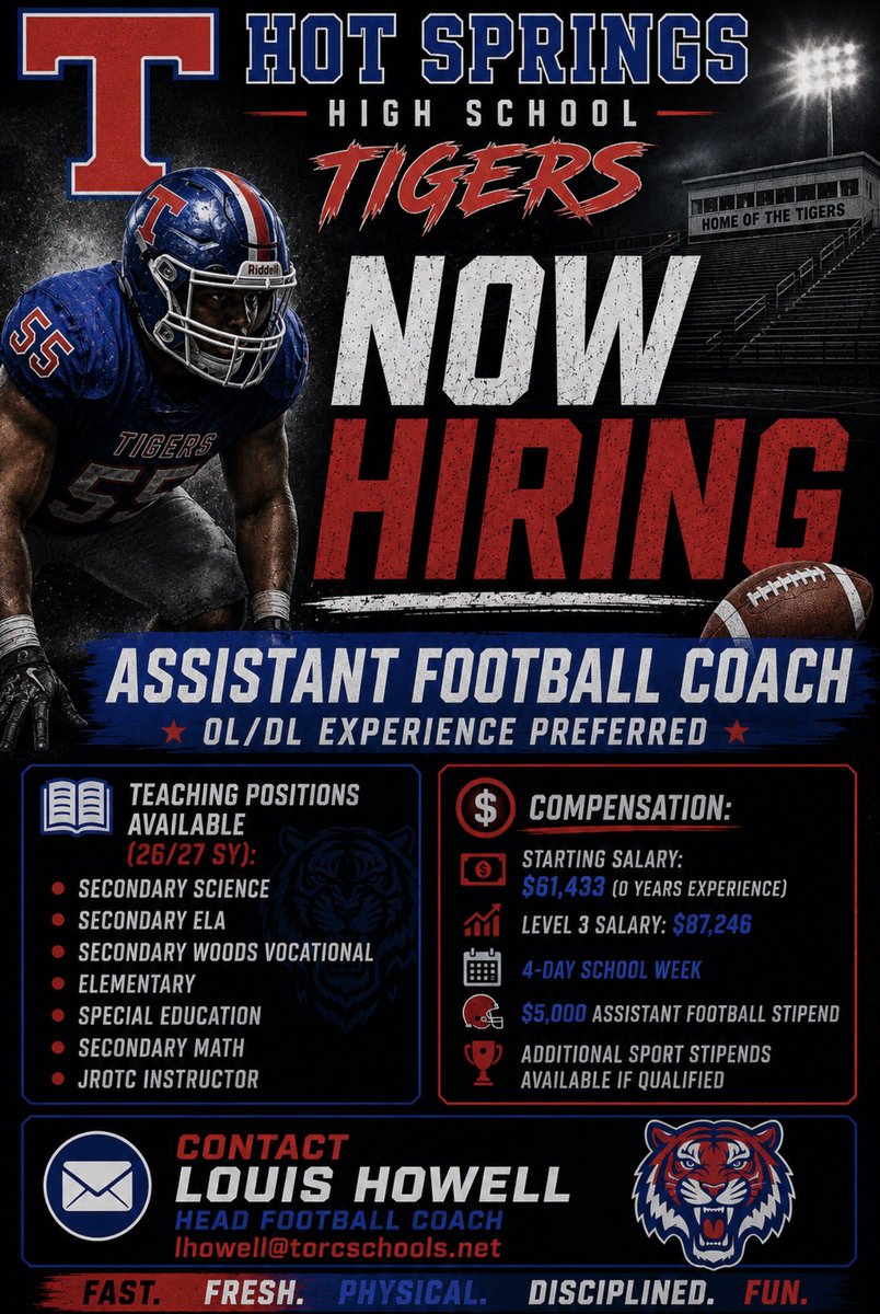 CoachHowellHSHS's tweet photo. The Tigers are growing. Looking for a coach who wants to be part of something Fast. Fresh. Physical. Disciplined. Fun. OL/DL experience preferred. Teaching positions available. $5K stipend + 4-day school week. Come build with us. 📧 lhowell@torcschools.net #NMFootball #CoachingJobs #TigersFootball