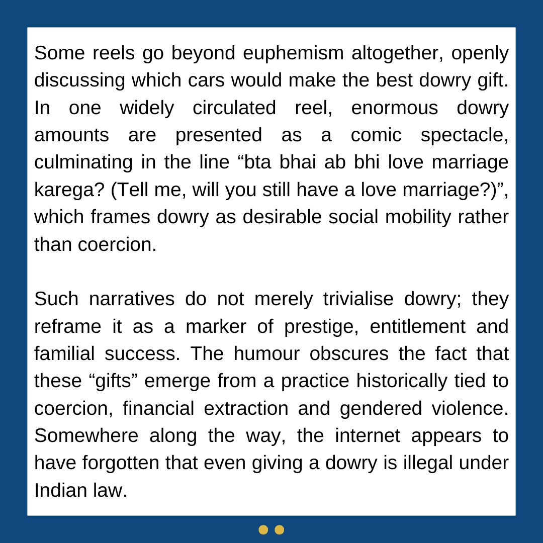 Article14live's tweet photo. 16 dowry deaths daily in 2024

5000 women dead

Yet dowry is being treated not as a crime but as comedy content on social media, with enormous amounts presented as a comic spectacle & desirable social mobility. There is even outright justification, lawyer @NainaJacob writes

For our weekly edit notes and to support Article 14, subscribe: https://t.co/tOi1ZgOsZJ