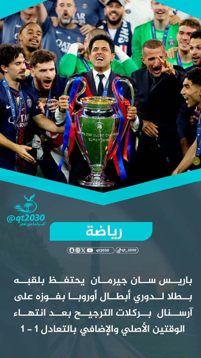 qt2030's tweet photo. #باريس_سان_جيرمان 🇫🇷 يتربع على عرش أبطال أوروبا 🏆 للمرة الثانية على التوالي 🥇🥇كأس #دوري_أبطال_أوروبا  🏆 

كل التهاني للبطل #ناصر_الخليفي .. ولجماهير باريس سان جيرمان .. ولــ #قطر 🇶🇦 ..
هذا الإنجاز الذي يبعث على الفخر والاعتزاز .
🌹 🇶🇦 🏆💙❤
#باريس_سان_جيرمان_أرسنال #UCLFinal https://t.co/OLC4khfFE6