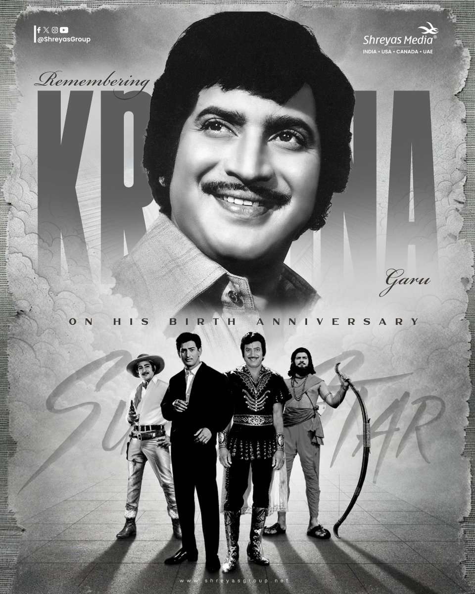 shreyasmedia's tweet photo. Remembering the legendary #SuperstarKrishna Garu on his Birth Anniversary, the pioneer who introduced the First Eastman Color Film, First Cinemascope Film, First 70MM Stereophonic Sound Film, First DTS Film, and the First Western/Cowboy genre film to Telugu Cinema❤️‍🔥

#SSKLivesOn https://t.co/GFqeAwb9AW