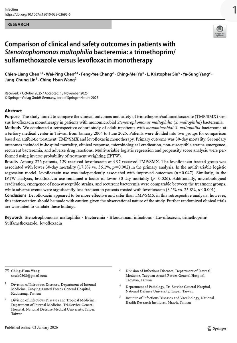 franciscojlk's tweet photo. 🦠 Another challenge to the dogma of TMP/SMX as the default therapy for Stenotrophomonas maltophilia bacteremia.

This new retrospective cohort study from Taiwan compared TMP/SMX versus levofloxacin monotherapy in 226 patients with monomicrobial S. maltophilia bloodstream infection. 

The results are difficult to ignore.

Levofloxacin was associated with: • Lower 30 day mortality: 17.8% vs 36.1%
• Lower in hospital mortality: 26.4% vs 48.5%
• Better clinical response at end of treatment: 81.4% vs 59.8%
• Significantly fewer adverse drug reactions: 3.1% vs 25.8% 

Even after IPTW adjustment and multivariable analysis, levofloxacin remained independently associated with lower mortality. 

One particularly important point: Resistance emergence was NOT significantly higher with levofloxacin. 

This directly challenges one of the main arguments historically used against fluoroquinolone monotherapy in S. maltophilia.

The discussion also raises an interesting physiological explanation.

Nearly half of infections were respiratory in origin, and levofloxacin’s superior epithelial lining fluid penetration may partially explain the better outcomes observed in pulmonary associated bacteremia. 

Meanwhile TMP/SMX toxicity remained substantial: • Hyperkalemia
• AKI
• Agranulocytosis
• Drug discontinuation due to adverse events 

Of course, this remains retrospective observational data.

But together with recent meta analyses and multicenter cohorts, the paradigm may be shifting from: “Levofloxacin as backup therapy”

toward:

“Levofloxacin as a legitimate first line option in selected S. maltophilia infections.”

Reference 📚 
Chen CL et al. Comparison of clinical and safety outcomes in patients with Stenotrophomonas maltophilia bacteremia: a trimethoprim/sulfamethoxazole versus levofloxacin monotherapy. Infection. 2026. https://t.co/Q6nav5Dqjt