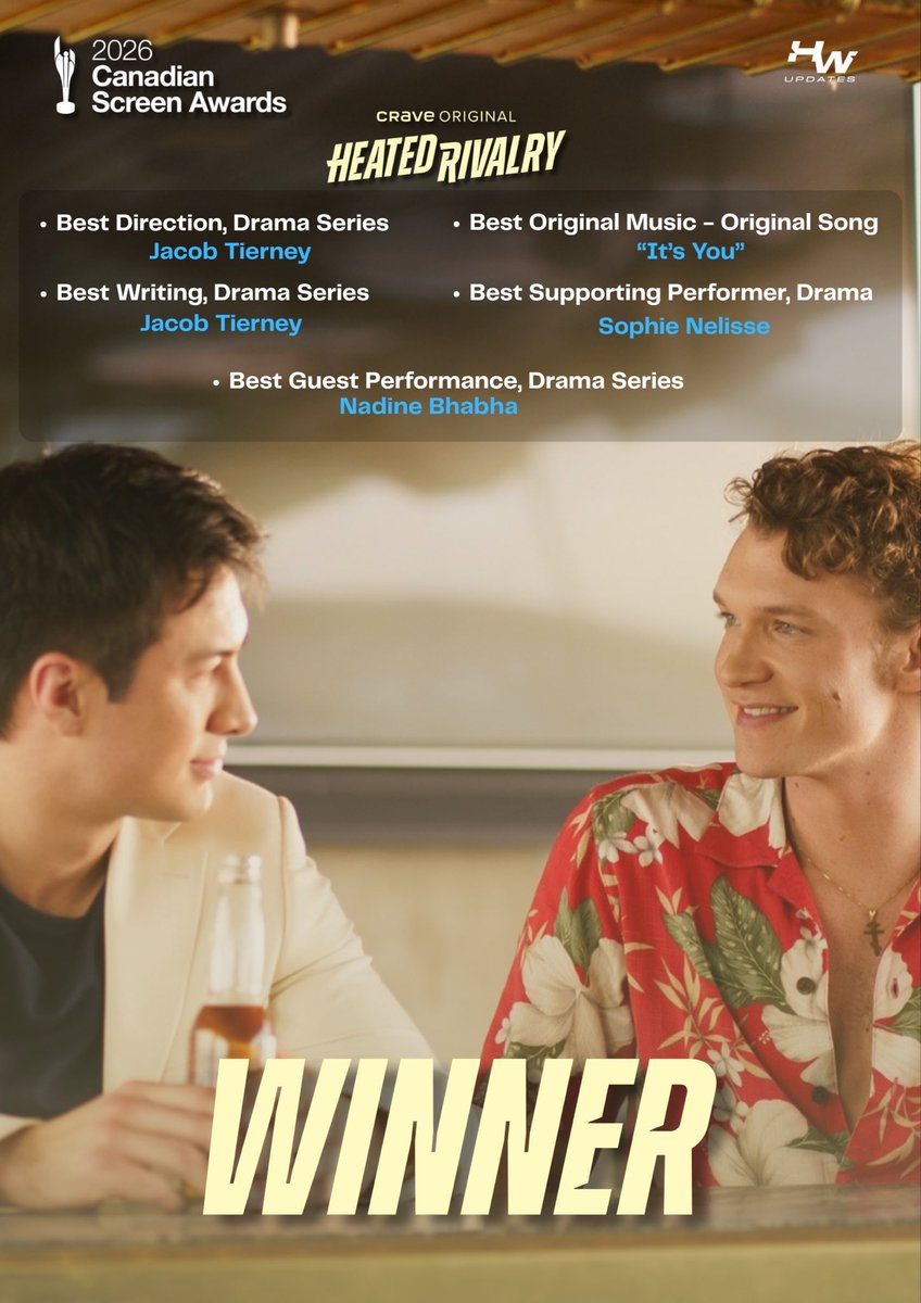 hudsonwupdates's tweet photo. Congratulations to the Heated Rivalry Cast and Crew for winning a total of 13/13 awards at the Canadian Screen Awards - Scripted Television Awards tonight 💙 https://t.co/B8hDhO5LE8