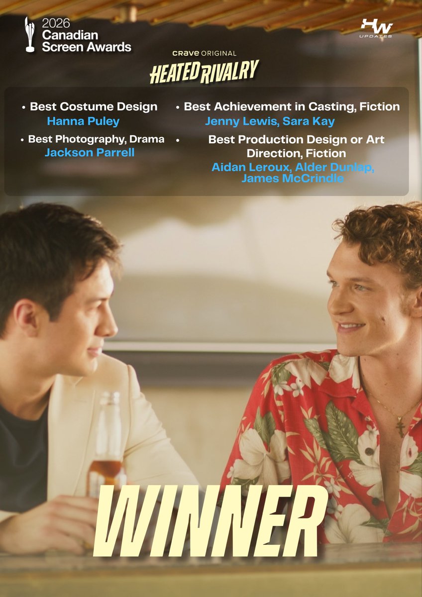 hudsonwupdates's tweet photo. Congratulations to the Heated Rivalry Cast and Crew for winning a total of 13/13 awards at the Canadian Screen Awards - Scripted Television Awards tonight 💙 https://t.co/B8hDhO5LE8